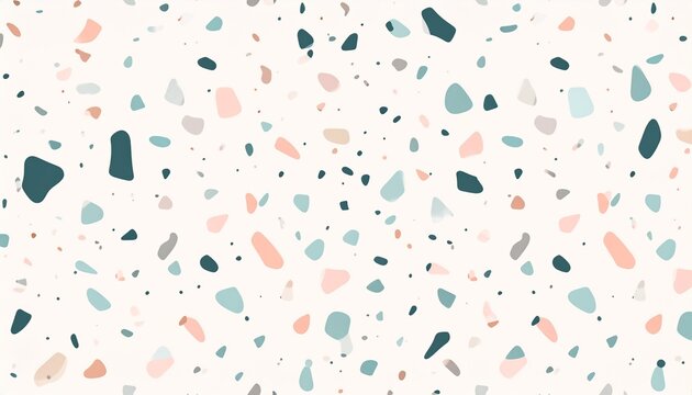 A seamless pattern of terrazzo with a light cream background and scattered chips of various colors including peach, teal, and light blue.