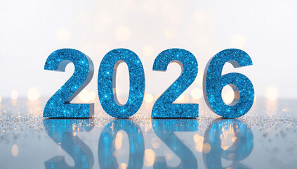 Sparkling blue 2026 numbers reflecting on a shiny surface celebrate future