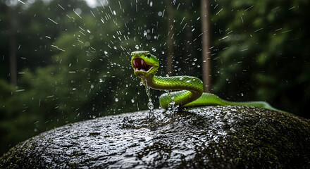 Green Viper Drinking Water on Mossy Stone in Forest
