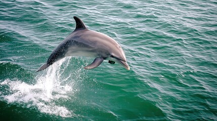 Fototapeta premium cetacean. Dolphin leaping from turquoise ocean waters, dynamic marine life in motion. wildlife magazines, conservation campaigns, designed for nature documentaries and education.