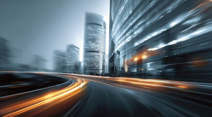Obraz premium City street at night with motion blur. Modern skyscrapers, curving road, blurs of car lights. Urban scene