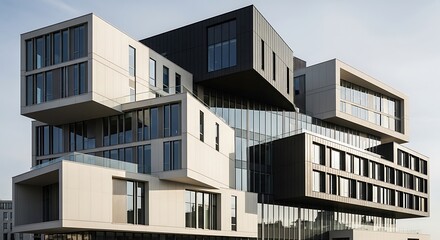 Modern architectural building with a geometric stacked cube design.