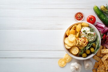 A bowl of assorted snacks atop a white wooden surface.  Various crisp crackers, chips, and a creamy dip are visible.  Vegetables and herbs are scattered around the bowl