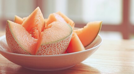 Sliced cantaloupe segments in a white bowl on a light wooden table