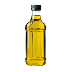 Clear plastic bottle filled with Vegetable oil on a white background