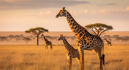A mother giraffe and her calf stand majestically in the golden light of the African savanna at sunset, with acacia trees and other giraffes in the distance.