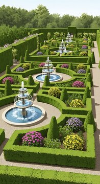 Elegant formal garden with symmetrical hedges and tiered water fountains.