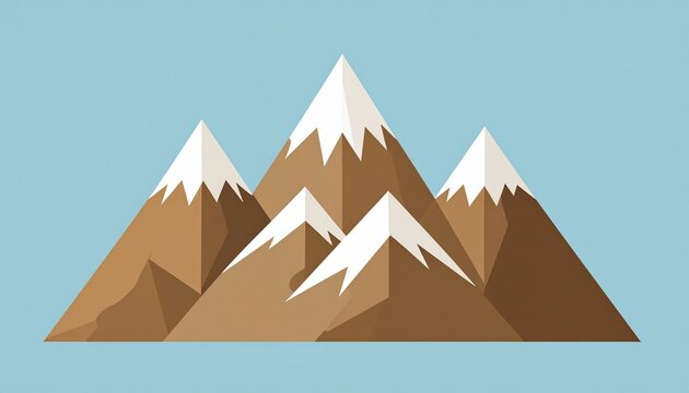 A stylized illustration of a mountain range with snow-capped peaks against a clear blue sky.