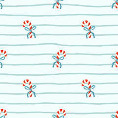 Seamless vector pattern with Christmas candy canes tied with bows, Xmas background. Perfect for wrapping paper, textiles, and seasonal packaging design. Ideal for winter and New Year themes
