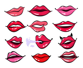 Comic female lips. Female lips in cartoon style, smile and sensual lips, kiss. Mouth animation set. comic illustration in pop art retro style
