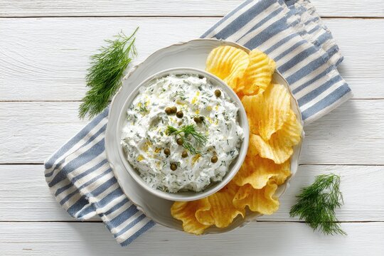 Creamy dill dip in a bowl with potato chips