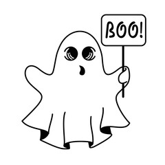 Cartoon ghost with the inscription boo. Cute little illustration Halloween ghost for kids. Boo modern inscription with a ghost