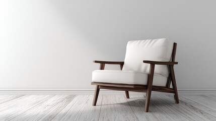 A minimalist, modern armchair with a white cushion and dark wooden frame sits against a white wall, illuminated by natural light