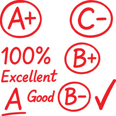 hand drawn red school grade marks and teacher feedback doodle set