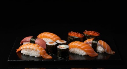 Assortment of colorful sushi pieces on a dark plate against a black background