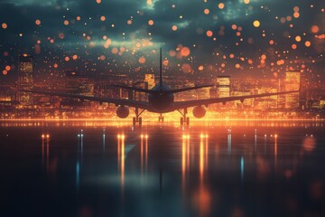 Fototapeta premium A commercial airplane prepares for takeoff against a vibrant city skyline at dusk