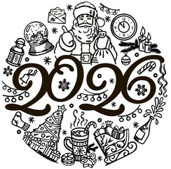New Year 2026. Greeting card. Merry Christmas and a happy new year! illustration with with Christmas and New Year elements. Circular composition in sketch style