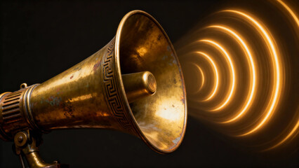 Fototapeta premium Vintage brass megaphone emitting golden sound waves against dark background