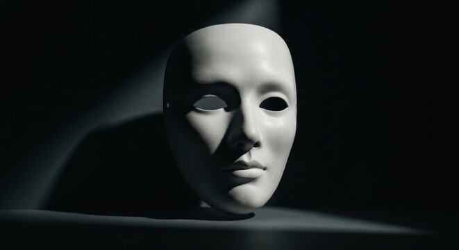 Blank white human mask with empty eye sockets, dramatically lit against a dark backdrop