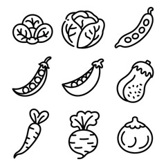 Vegetable icons spinach cabbage peas eggplant carrot radish onion line art Keywords: vegetables