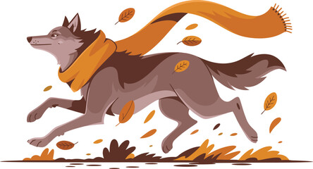 Running Wolf in Autumn A Warm Embrace of Fall with Leaves and Scarf