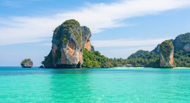 Bright turquoise water, dramatic limestone cliffs, lush green islands, distant tropical beach