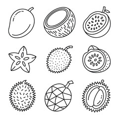 Nine black and white line art icons of exotic and tropical fruits mango coconut