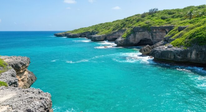Bright turquoise ocean meets dramatic, green, rocky cliffs under a clear blue sky