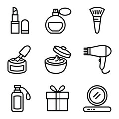 Beauty and cosmetic product icons with black outline on white background lipstick perfume bottle