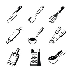 Kitchen utensil icons with black outline on white background chef knife spatula