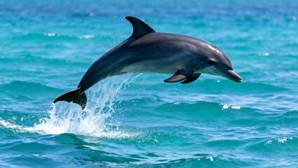 Fototapeta premium Dolphin leaping out of turquoise ocean water