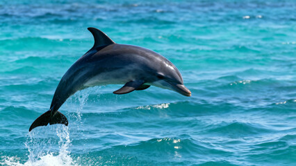 Fototapeta premium Dolphin leaping out of turquoise ocean water