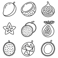 Tropical and exotic fruit icons with black outline on white background mango coconut