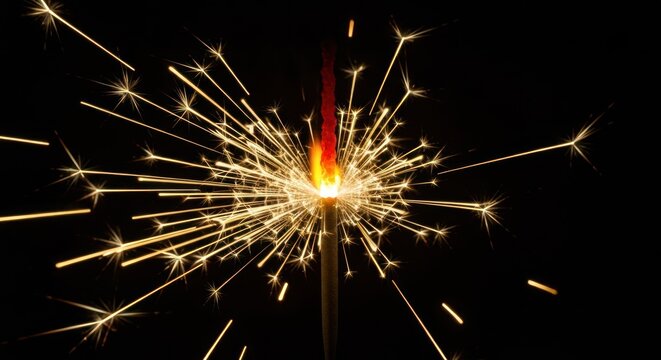 Close-up of a lit sparkler, bursting with golden light and fiery sparks on black