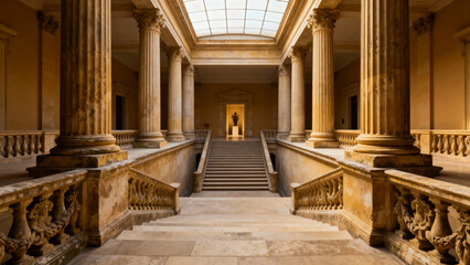 Obraz premium Grand interior of a classical building with stone columns, staircase, and skylight