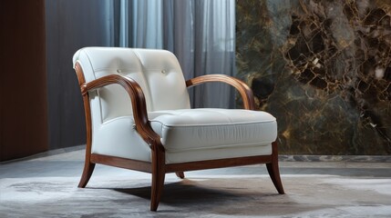 Fototapeta premium A cream-colored, button-tufted armchair with wooden armrests and legs is showcased against a backdrop of marble and drapes