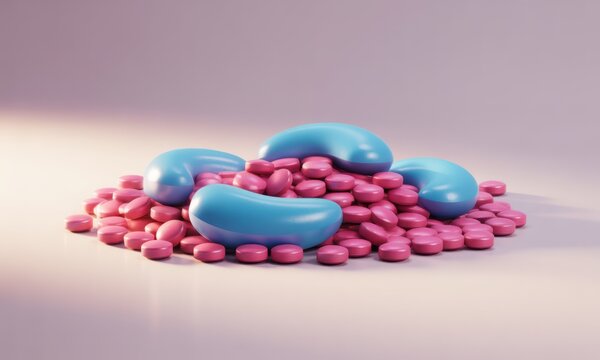 Close-up of a gradient-lit pile of numerous pink pills and four blue kidney shapes - Powered by Adobe