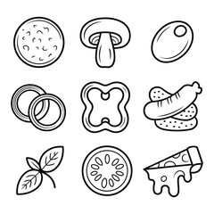 Nine black and white outline icons of pizza ingredients and a slice Keywords: pizza base