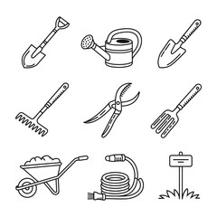 Garden Tools Collection Line Art Icons on White Background (37