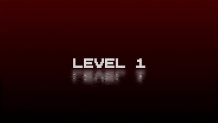 level 1 animation of looped text with glitch effect on black background. 8 bit video game screen saver. - Powered by Adobe