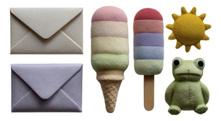 Soft Textured Objects Including Envelopes, Ice Cream, Frog, and Sun on Transparent Background