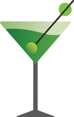 Silhouette of martini glass with green olive and stirrer, isolated on white, elegant vector.