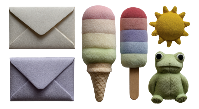 Soft Textured Objects Including Envelopes, Ice Cream, Frog, and Sun on Transparent Background
