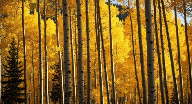 Close-up of a dense forest of tall, golden aspen trees in autumn, bathed in sunlight