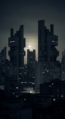 Fototapeta premium Futuristic Cityscape at Night - A Dark and Atmospheric Urban Scene.