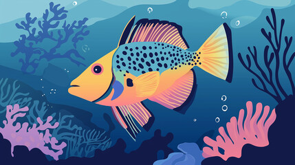 Fototapeta premium Colorful fish swimming in an illustrated underwater scene with coral reefs