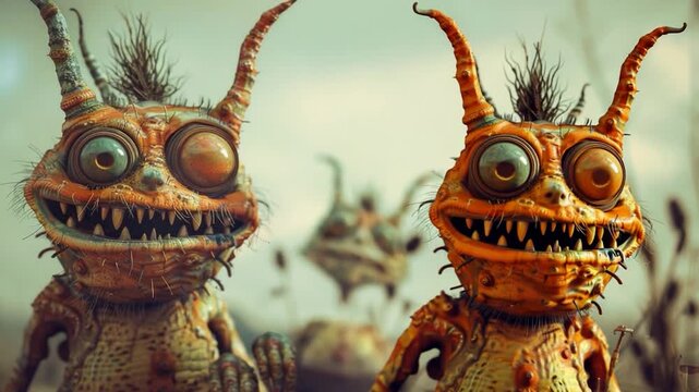 Video Two extraterrestrial creatures stand together, showcasing their unusual appearance and possible encounter