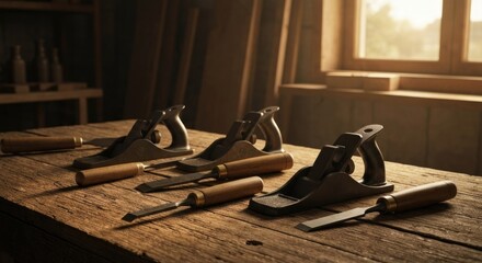 Craft tools hand planes, chisels on a worn wooden bench bathed in warm workshop light