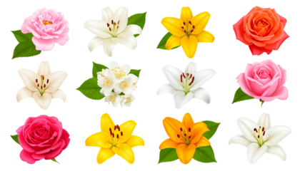 set of flowers, rose, jasmine, lily and tulip, isolated on transparent background