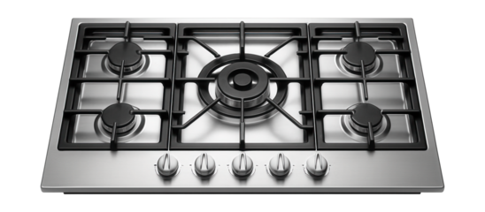 Five-burner built-in cooktop with a strong central burner, ideal for large families.